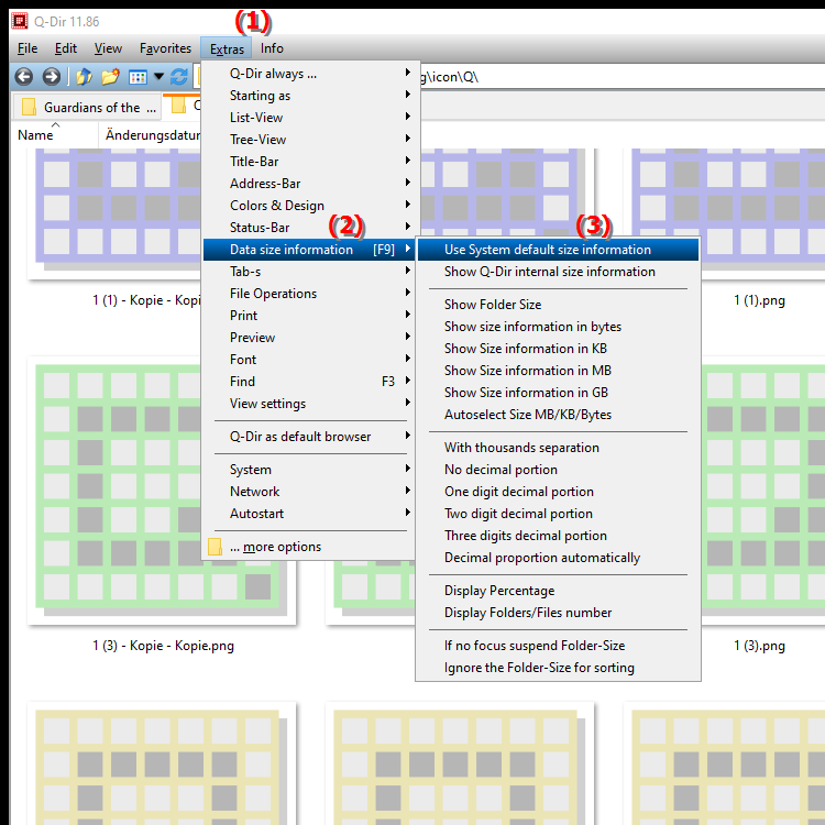 Can I use the same size specifications in Q Dir as in the standard File Explorer